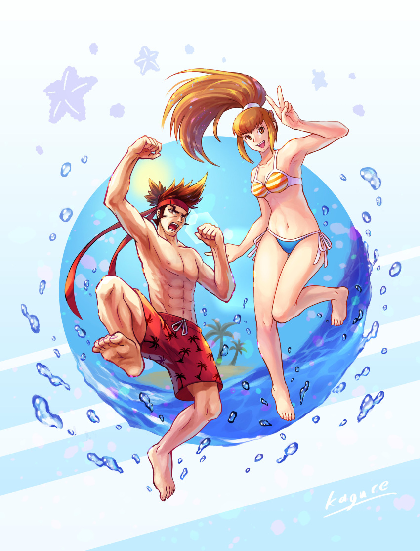 1boy abs absurdres amemiya_sayaka arms_up barefoot bikini blue_bikini brown_hair clenched_hand eyelashes female full_body headband highres ippongi_ryuuta island kagure_(karaguren) long_hair male_swimwear navel nipples open_mouth osu!_tatakae!_ouendan palm_tree_print red_headband red_male_swimwear red_swim_trunks short_hair side-tie_bikini_bottom starfish striped_bikini striped_clothes summer swim_trunks swimsuit teeth toenails topless_male v water_drop