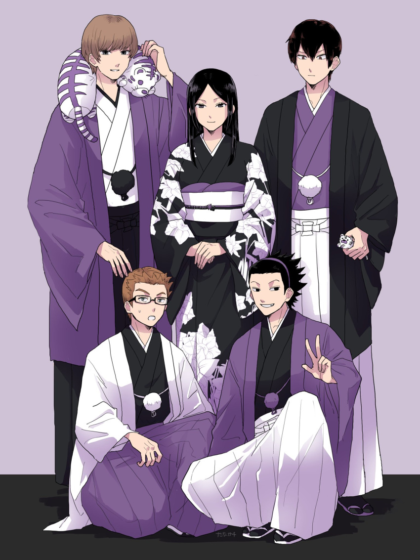 4boys black_coat black_hakama black_kimono black_legwear brown_hair carrying_over_shoulder chinese_zodiac coat female floral_print full_body furisode glasses hairband hakama hand_up haori haori_himo highres holding holding_stuffed_toy japanese_clothes kimono kodera_shouhei long_hair long_sleeves looking_at_viewer looking_down miwa_shuuji multiple_boys narasaka_touru new_year obi on_one_knee own_hands_together purple_background purple_coat purple_hakama purple_theme rism02682 sandals sash short_hair sitting smile squatting standing straight_hair stuffed_animal stuffed_tiger stuffed_toy tabi tsukimi_ren w white_hakama white_legwear wide_sleeves world_trigger year_of_the_tiger yoneya_yousuke zouri