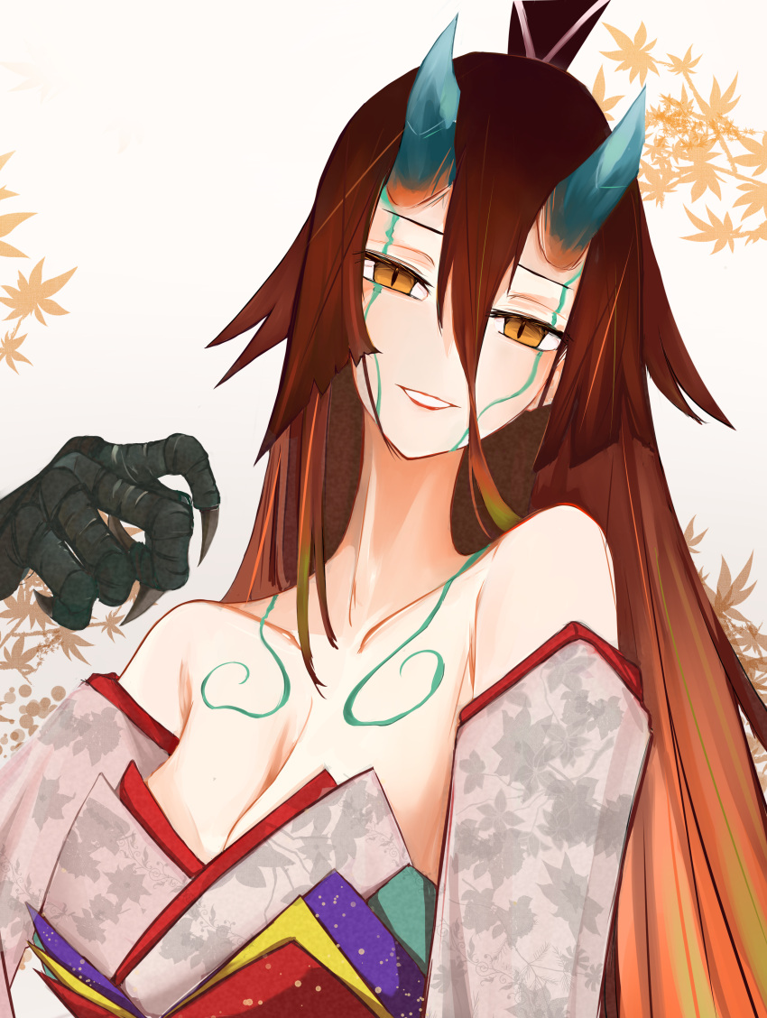 absurdres animal_hands bare_shoulders breasts brown_hair claws cleavage collarbone commentary detached_sleeves english_commentary fate/grand_order fate/requiem fate_(series) female gradient_hair grin hair_between_eyes highres horns japanese_clothes kijo_kouyou_(fate) kijo_kouyou_(third_ascension)_(fate) kimono large_breasts leaf long_hair looking_at_viewer maple_leaf monster_girl multicolored_hair numajiyo orange_hair ponytail sash sleeveless sleeveless_kimono slit_pupils smile solo very_long_hair white_background white_kimono wide_sleeves yellow_eyes