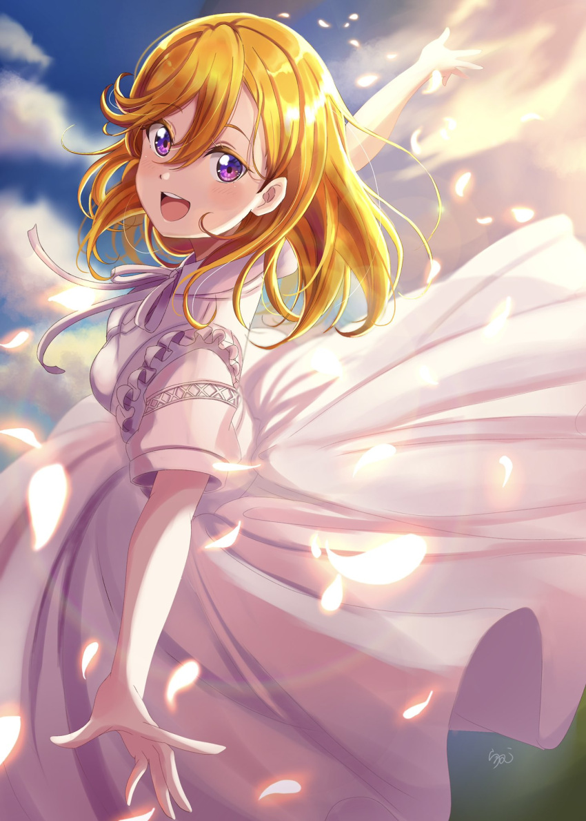 :d dress english_commentary evening female hair_between_eyes highres long_hair looking_at_viewer looking_back love_live! love_live!_superstar!! orange_hair outdoors outstretched_arms petals purple_eyes ranemu shibuya_kanon short_sleeves sidelighting signature sky smile spread_arms teeth tongue upper_teeth_only white_dress