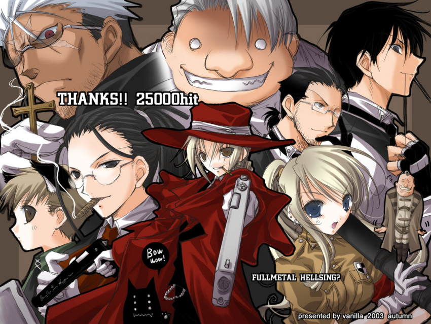 alex_louis_armstrong alex_luis_armstrong alphonse_elric alucard alucard_(hellsing) cosplay crossover edward_elric fullmetal_alchemist gluttony hellsing izumi_curtis maes_hughes parody roy_mustang scar scar_(fma) scar_(fullmetal_alchemist) seras_victoria walter winry_rockbell