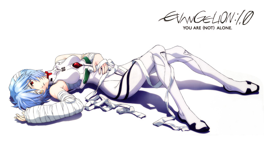 ayanami_rei bandage bandages blue_hair evangelion:_1.0_you_are_(not)_alone eyepatch highres lying neon_genesis_evangelion plugsuit rebuild_of_evangelion red_eyes short_hair