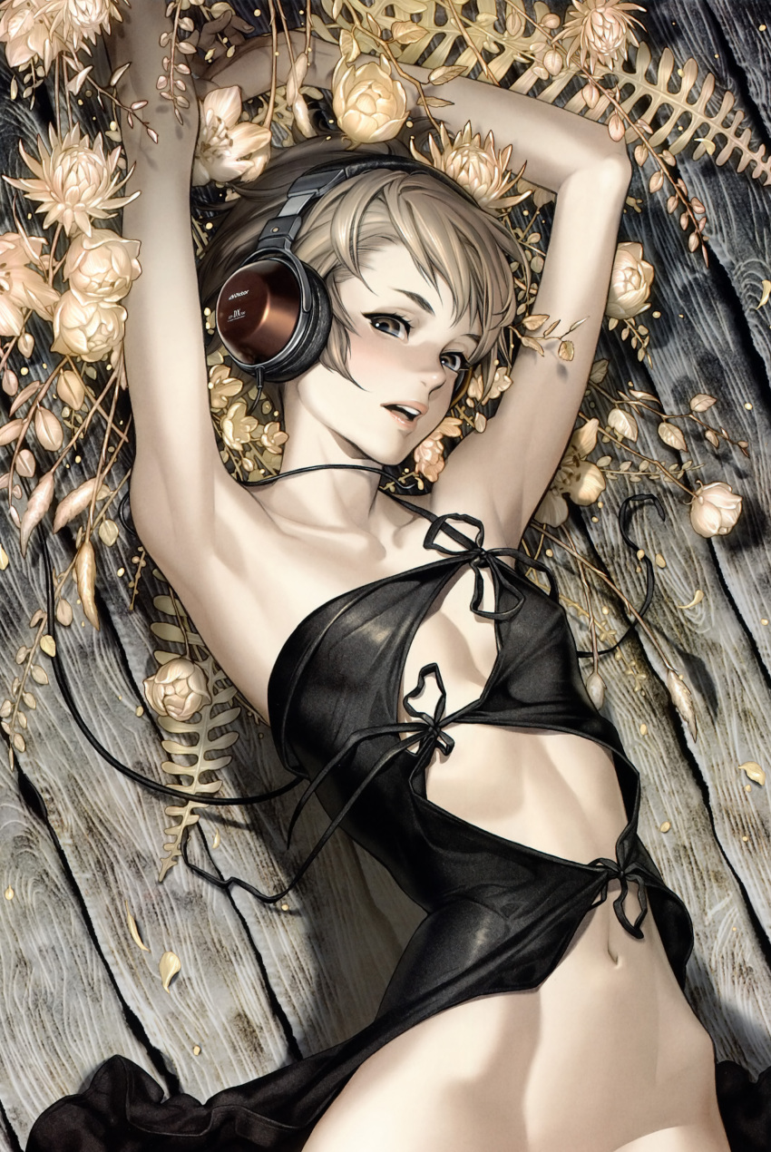 absurdres armpits arms_up banned_artist bare_shoulders blonde_hair brown_eyes brown_hair center_opening eyelashes flat_chest headphones highres jvc lips midori_fuu navel original short_hair yellow_eyes