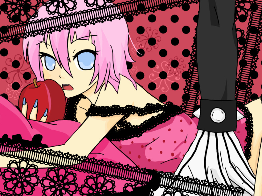 androgynous apple bed black_skin blue_eyes blue_nails crona_(soul_eater) food fruit gloves hair_between_eyes lingerie lying makenshi_chrona nail_polish off_shoulder on_bed on_stomach open_mouth pajamas panties parody pillow pink_hair ragnarok_(demon_sword) romeo_and_cinderella_(vocaloid) romeo_to_cinderella_(vocaloid) short_hair soul_eater spikes strap_slip striped striped_gloves underwear vocaloid wristband