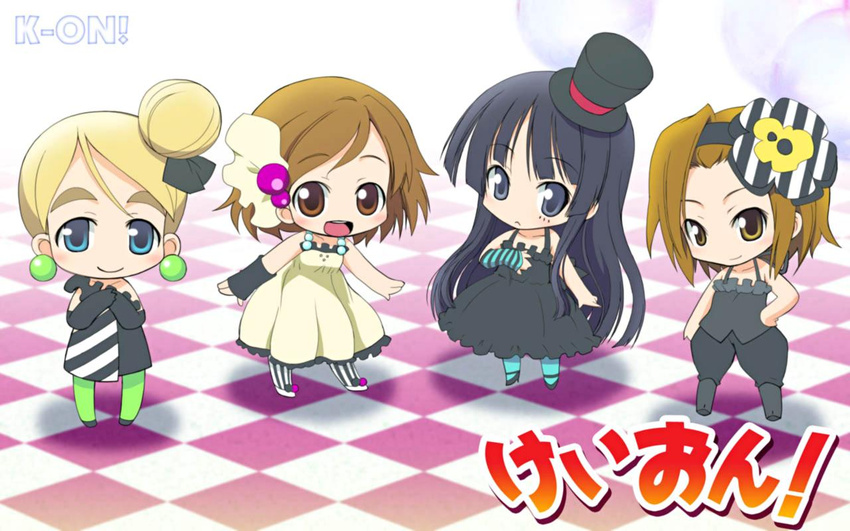 1280x800 akiyama_mio chibi don't_say_"lazy" duplicate goth group group_shot hat hirasawa_yui k-on! kikujin kotobuki_tsumugi multiple_girls striped stripes super-deformed tainaka_ritsu