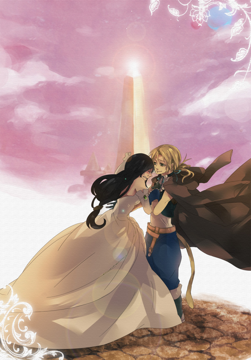 1boy adzuma_nishi black_hair blonde_hair cape closed_mouth commentary_request couple dress female final_fantasy final_fantasy_ix garnet_til_alexandros_xvii gloves green_eyes highres long_hair ponytail straight tail tears zidane_tribal