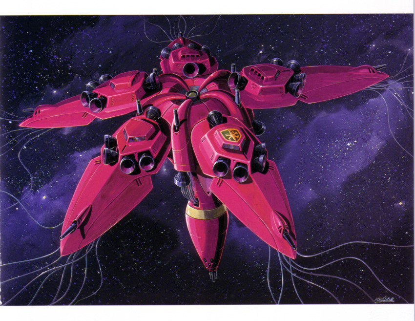 beam_cannon crossbone_vanguard dated gundam gundam_f91 highres insignia letterboxed mecha mecha_focus mobile_armor nebula no_humans ookawara_kunio rafflesia_(gundam) robot scan science_fiction signature space star_(sky) tentacle thrusters