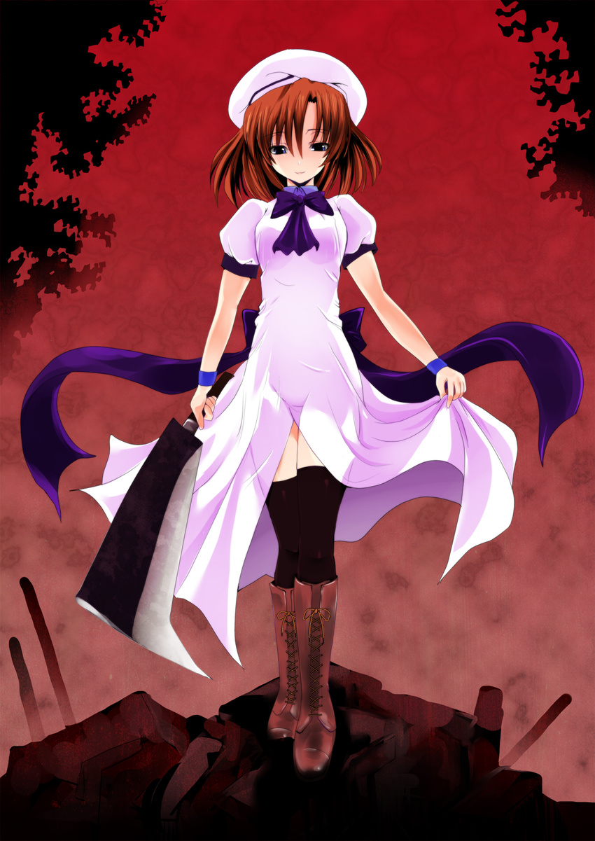 black_thighhighs blue_eyes boots bow brown_footwear brown_hair commentary_request cross-laced_footwear dress female full_body hashitsuki_nata hat highres higurashi_no_naku_koro_ni kakihara_inuhiko knee_boots lace-up_boots nata_(tool) photoshop_(medium) ryuuguu_rena short_hair solo thighhighs