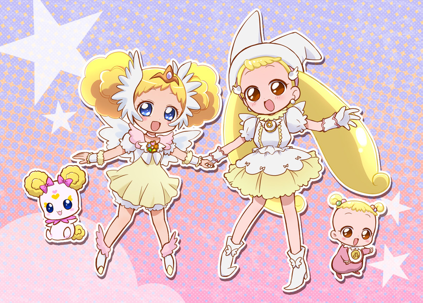 2girls baby bare_legs blonde_hair bloomers blue_eyes bow brooch brown_eyes candy_(smile_precure!) choker color_connection commentary_request creature crossover double_bun dual_persona full_body gloves hair_bun hat head_wings ine jewelry long_hair magical_girl makihatayama_hana multiple_girls ojamajo_doremi ootani_ikue pink_bow precure royal_candy shoes short_hair skirt smile_precure tiara twintails underwear voice_actor_connection white_bloomers white_choker wings