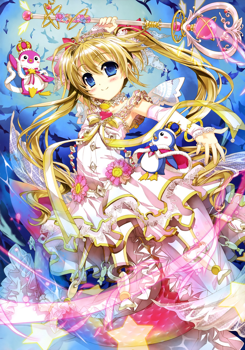 absurdres bird blonde_hair blue_eyes bow cape cardfight!!_vanguard detached_sleeves dress eyebrows female flower fujima_takuya hairbow highres jewelry long_hair looking_at_viewer magical_girl mermaid monster_girl pacifica_(cardfight!!_vanguard) penguin pink_flower red_bow ring scan smile solo twintails very_long_hair