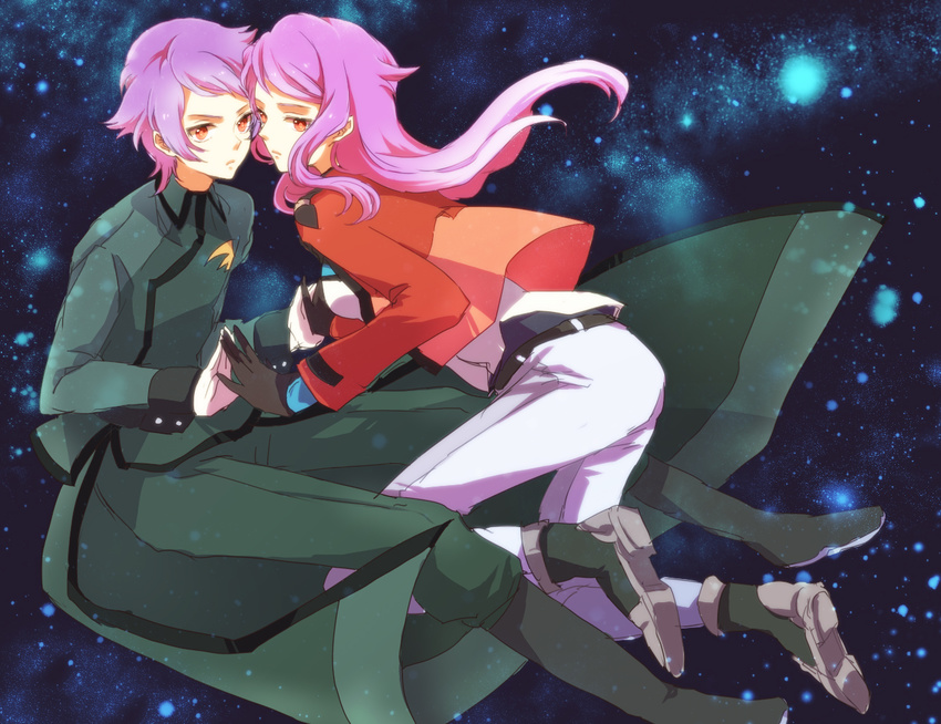 1boy anew_returner bad_id bad_pixiv_id celestial_being_uniform female gloves gundam gundam_00 holding_hands innovators_(gundam_00) jacket long_hair purple_hair red_eyes revive_revival short_hair yy888s