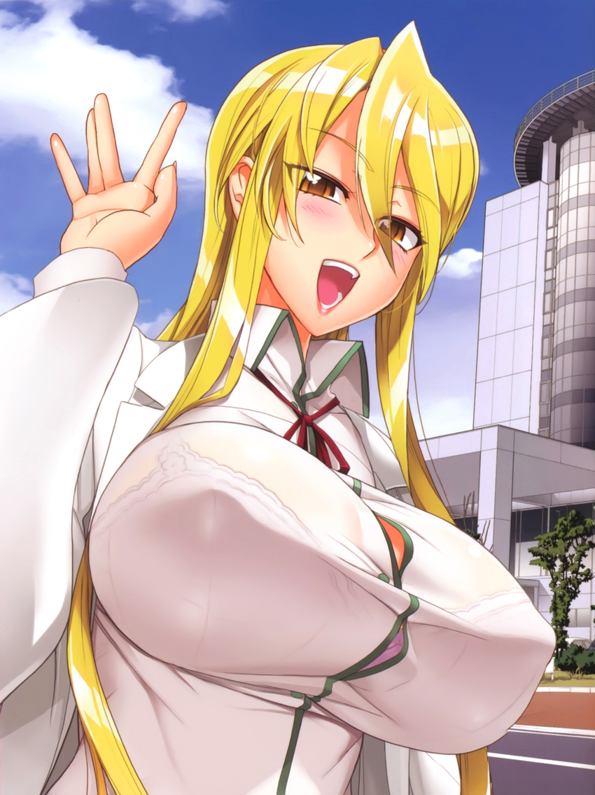 blonde_hair bra breasts erect_nipples female female happy highres highschool_of_the_dead large_breasts looking_at_viewer marikawa_shizuka open_mouth satou_shouji see-through smile solo underwear