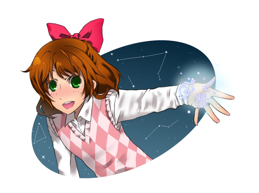 bow brown_hair celeste green_eyes open_mouth star stars