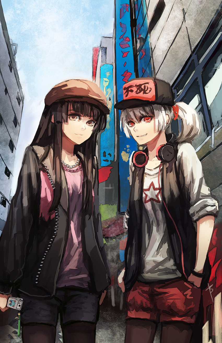 2girls alternate_costume alternate_hairstyle black_hair bryanth cameo casual cellphone clothes_writing commentary_request contemporary fashion fujiwara_no_mokou hand_in_pocket hat headphones highres houraisan_kaguya keroro keroro_gunsou long_hair multiple_girls pantyhose pantyhose_under_shorts phone photoshop_(medium) ponytail red_eyes shorts sleeves_rolled_up touhou white_hair