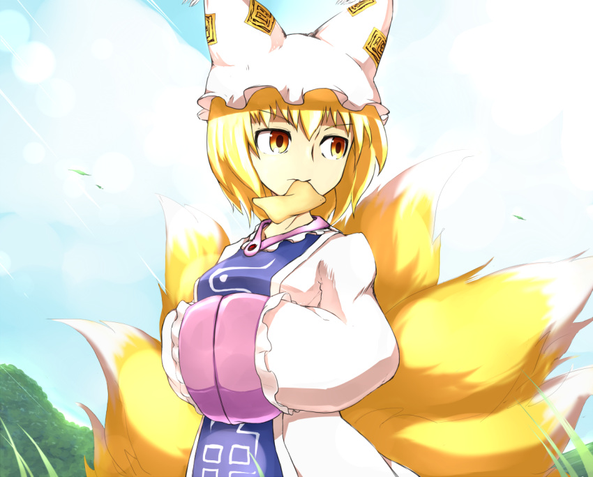 aburaage blonde_hair commentary_request female food fox_tail grass hands_in_opposite_sleeves hat keta_(psychetangle) mouth_hold multiple_tails short_hair solo tail touhou upper_body yakumo_ran yellow_eyes