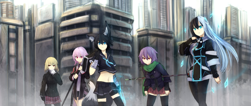 5girls adjusting_hair animal_ears baal_(shiomachi) bad_id bad_pixiv_id bag bandages bike_shorts black_hair black_legwear blonde_hair blue_eyes borrowed_character crossover fox_ears fox_tail ganesagi hand_to_own_mouth herpestiz_kadokura highres katana long_hair midriff multicolored_hair multiple_girls nanashi_(ganesagi) norah_bright original over_shoulder pantyhose pink_hair pleated_skirt polearm purple_eyes red_eyes scabbard scarf school_bag school_uniform serafuku sheath short_hair silver_hair skirt spear split-color_hair sword tail thighhighs toda_(sigama) weapon zettai_ryouiki