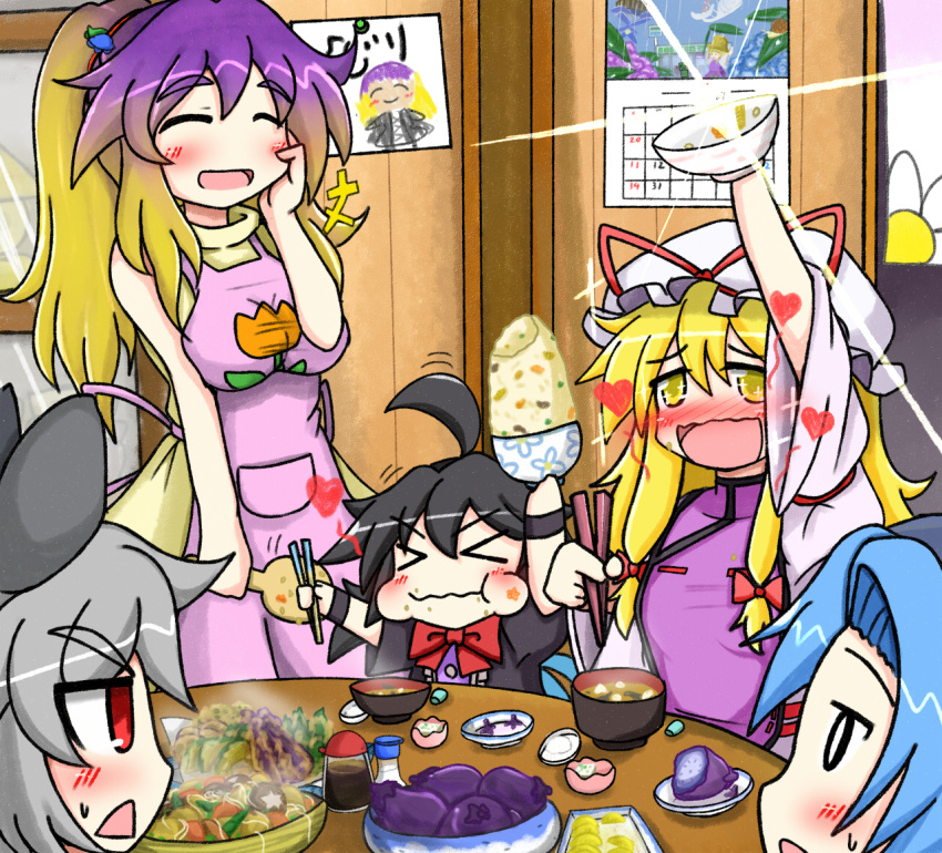 >_< 5girls ahoge alternate_hairstyle animal_ears apron bishamonten's_pagoda black_hair blonde_hair blue_hair blush bow bowl calendar_(object) chibi child's_drawing chopsticks closed_eyes commentary_request creeper dress eating eggplant fail_whale fire_flower flower food gradient_hair grey_hair hair_ornament hand_on_own_cheek hand_on_own_face happy hat heart hijiri_byakuren holding holding_bowl houjuu_nue kumoi_ichirin long_hair mario_(series) minecraft miso_soup moriya_suwako mouse_(animal) mouse_ears multicolored_hair multiple_girls nazrin open_mouth ponytail purple_hair red_eyes rice rice_bowl rindou_(p41neko) salt short_hair soup soy_sauce soy_sauce_bottle spoon super_mario_bros._1 sweatdrop tempura thick_eyebrows touhou twitter two-tone_hair ufo walpurgisnacht_(madoka_magica) wavy_mouth when_you_see_it yakumo_yukari