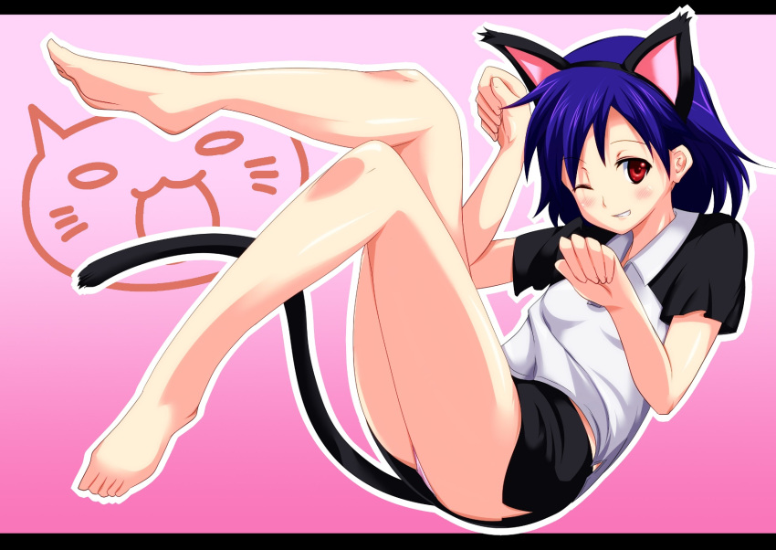 animal_ears barefoot blue_hair blush cat_ears cat_tail commentary_request feet female highres kemonomimi_mode letterboxed one_eye_closed panties pantyshot paw_pose photoshop_(medium) red_eyes shidou_misaki softenni solo sportswear tail tomohiro_kai underwear