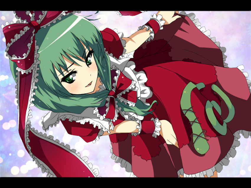 bad_id bad_pixiv_id colorized female frills front_ponytail fruits_punch green_eyes green_hair hair_ribbon highres kagiyama_hina letterboxed mikage_kirino ribbon solo touhou