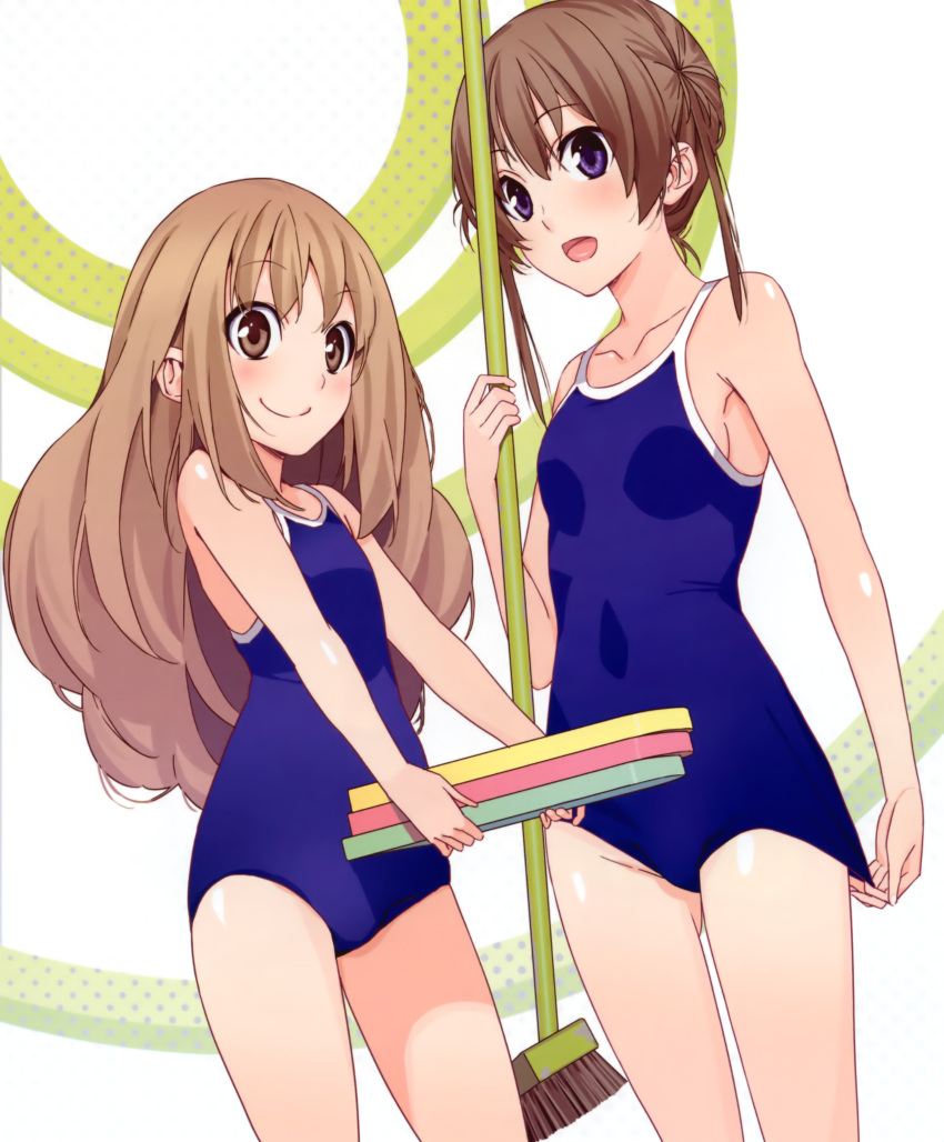 2girls absurdres amakawa_chinatsu big_hair brown_eyes brown_hair carrying cleaning_brush highres kickboard memories_off memories_off_yubikiri_no_kioku morii_shizuki multiple_girls one-piece_swimsuit orihime_hoshitsuki purple_eyes school_swimsuit short_hair smile swimsuit wide-eyed