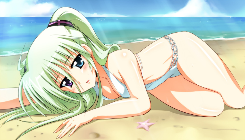 bad_id bad_pixiv_id bare_shoulders beach blush breasts cleavage day einhard_stratos female green_hair heterochromia highres km_yama long_hair lyrical_nanoha mahou_shoujo_lyrical_nanoha_vivid medium_breasts open_mouth outdoors solo swimsuit water