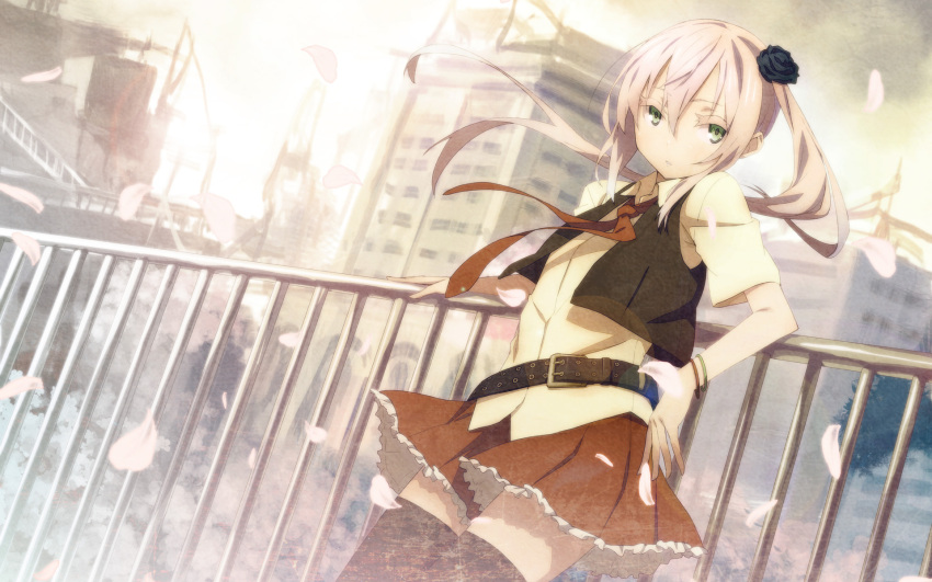 belt black_thighhighs cherry_blossoms cityscape commentary cowboy_shot female flower frilled_skirt frills green_eyes hair_flower hair_ornament highres houru leaning long_hair necktie original photoshop_(medium) pink_hair shirt side_ponytail skirt solo thighhighs vest zettai_ryouiki