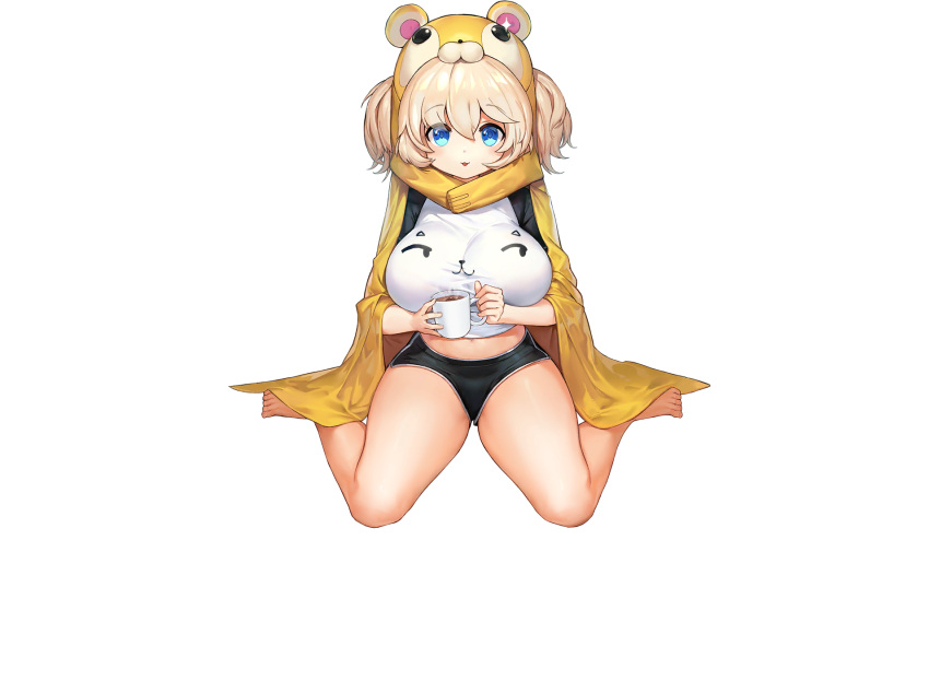 :3 animal_hood barefoot black_shorts blonde_hair blue_eyes blush breasts cup ella_of_the_sky female full_body game_cg hair_between_eyes hamster_hood highres holding holding_cup hood hot_chocolate huge_breasts impossible_clothes impossible_shirt jam_(nandade) large_breasts last_origin looking_at_viewer midriff mug navel official_alternate_costume official_art open_mouth oppai_loli shirt short_shorts short_twintails shorts sima_(startwitch) sitting smile solo transparent_background twintails wariza