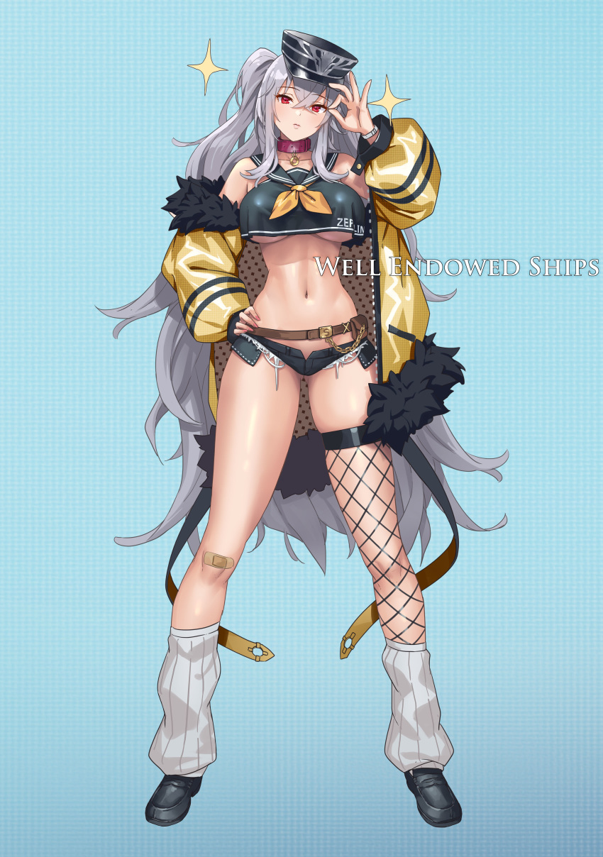 absurdres alternate_costume azur_lane bache_(azur_lane) bache_(azur_lane)_(cosplay) bandaid bandaid_on_knee bandaid_on_leg bare_shoulders belt black_footwear black_hat black_sailor_collar black_shirt black_shorts bracelet breasts brown_belt character_name closed_mouth collar collarbone commentary_request cosplay crop_top crop_top_overhang crossed_bangs cuboon female fishnet_thighhighs fishnets full_body fur-trimmed_jacket fur_trim graf_zeppelin_(azur_lane) grey_hair hair_between_eyes hand_on_own_hip hand_up hat head_tilt highres jacket jewelry large_breasts leg_warmers long_hair looking_at_viewer micro_shorts money_gesture navel neckerchief off_shoulder peaked_cap photoshop_(medium) pink_collar pouch red_eyes sailor_collar shirt shorts single_thighhigh sleeveless sleeveless_shirt solo sparkle standing thighhighs two_side_up underboob very_long_hair yellow_jacket yellow_neckerchief