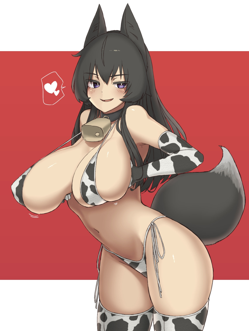 animal_ears animal_print bell bikini breasts chinese_zodiac choker cow_print cow_print_bikini cowbell elbow_gloves female gloves hair_between_eyes heart highres kanaya_azami large_breasts long_hair looking_to_the_side makino_momiji_(artist) neck_bell print_bikini purple_eyes smile solo spoken_heart swimsuit tail thighhighs ukagaka wolf_ears wolf_tail year_of_the_ox