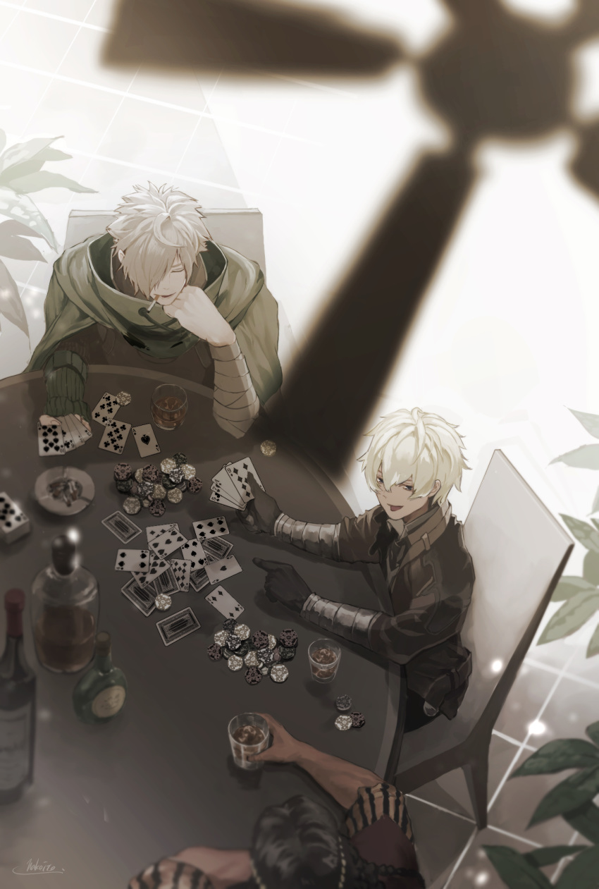 3boys alcohol ashtray bandaged_arm bandages billy_the_kid_(fate) black_gloves black_hair blurry bottle braid card ceiling_fan chair cigarette cloak closed_eyes commentary_request cup dark-skinned_male dark_skin deck_of_cards elbows_on_table fate/grand_order fate_(series) fingernails geronimo_(fate) glint gloves green_cloak hair_between_eyes hair_over_one_eye hakoito half-closed_eyes hand_fan highres holding holding_card holding_cup long_hair male_focus multiple_boys parted_lips plant playing_card playing_games pointing poker_chip potted_plant robin_hood_(fate) signature sitting sleeves_rolled_up smile table tongue tongue_out torn_cloak torn_clothes vambraces