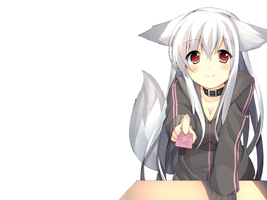 animal_ears blush cleavage collar condom foxgirl original oruton photoshop red_eyes tail white white_hair