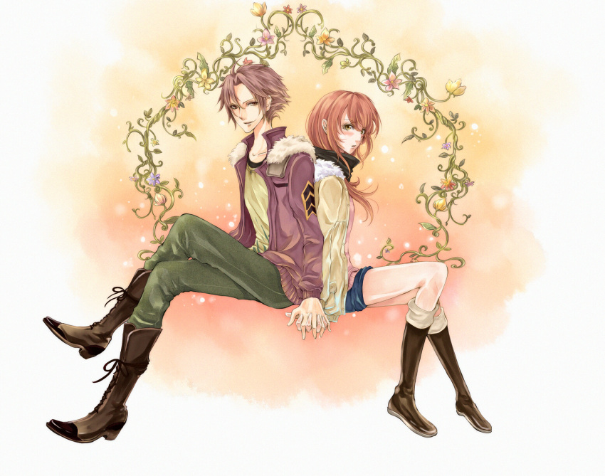 1boy bad_id bad_pixiv_id etou_kiriya female flower highres hino_kahoko keeemu la_corda_d'oro red_hair short_hair sitting