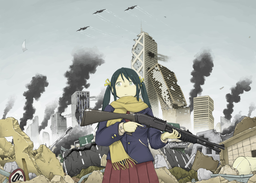 absurdres aircraft airplane anyan_(jooho) b-52_stratofortress black_hair building city commentary_request destruction female gun highres long_hair original photoshop_(medium) pump_action remington_870 remington_arms road_sign ruins scarf shotgun sign sky smoke solo twintails weapon