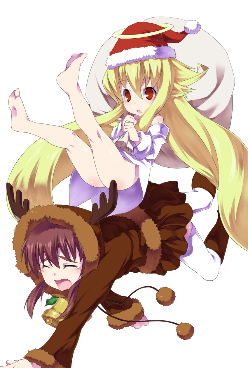 all_fours angelia_avallone animal_costume aq_interactive arcana_heart arcana_heart_2 ass atlus bag barefoot bell blonde_hair blush bottomless brown_hair christmas closed_eyes dress_shirt examu feet fiona_mayfield flat_chest halo hat highres hood hoodie lolicon long_hair multiple_girls off_shoulder open_mouth red_eyes reindeer_costume santa_hat shirt short_twintails skirt sleeves_past_wrists tears thighhighs torimaru twintails very_long_hair white_legwear