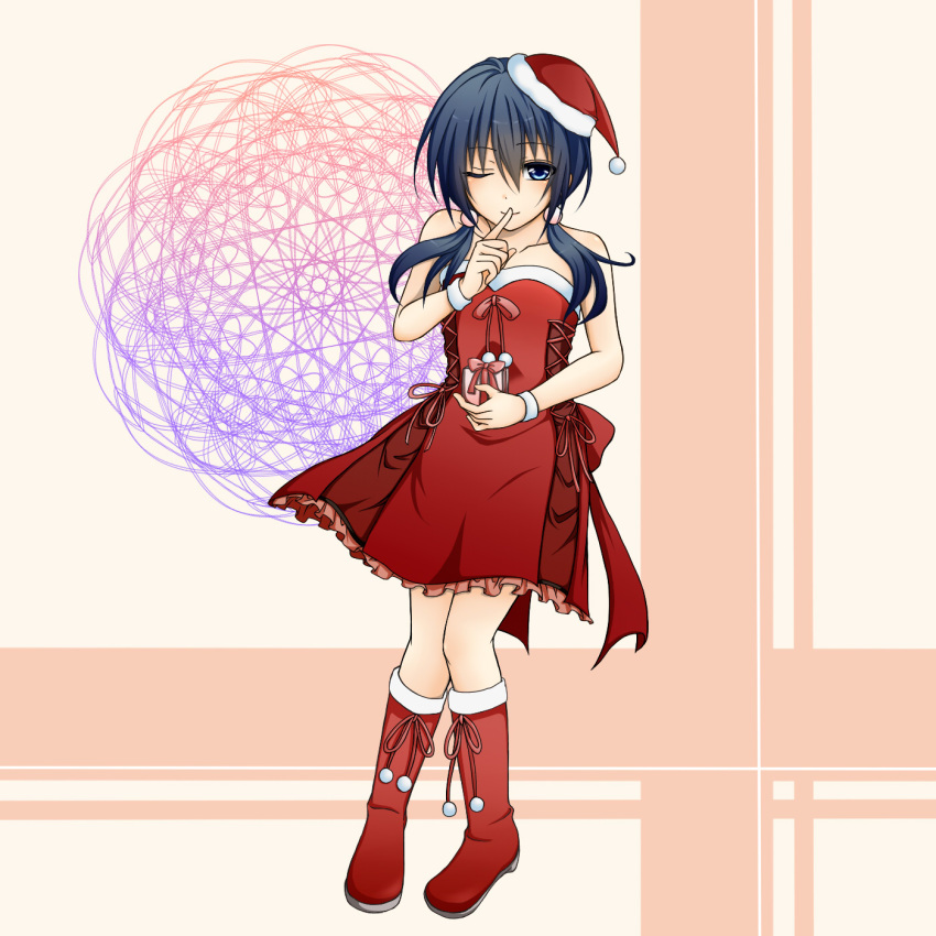 ayasaki_ruri bad_anatomy bare_shoulders black_hair blue_eyes boots bow breasts commentary_request corpse_party dress female finger_to_mouth gift hair_bobbles hair_ornament hat highres holding holding_gift knee_boots medium_breasts one_eye_closed santa_costume santa_hat shinozaki_ayumi solo twintails