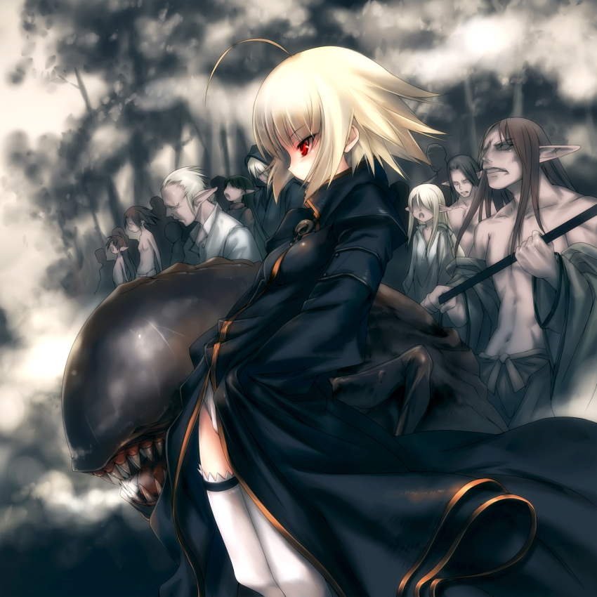 ahoge blonde_hair elf female flat_chest hands_in_pockets highres hitomaru holding jacket lolicon long_hair monster navel nil-eve no_pants original panties pointy_ears profile red_eyes short_hair standing steam thighhighs topless underwear white_legwear white_panties zombie