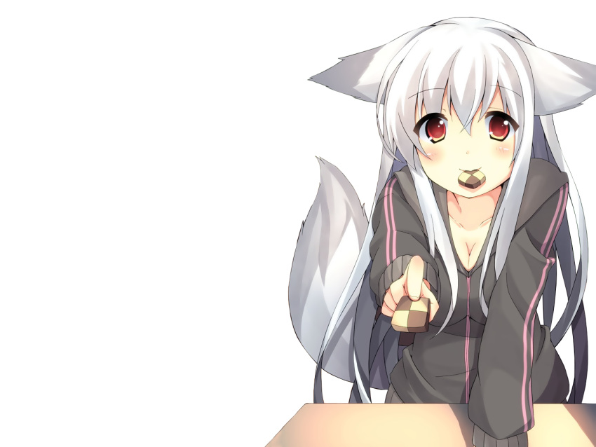 animal_ears blush cleavage food foxgirl original oruton red_eyes tail white white_hair