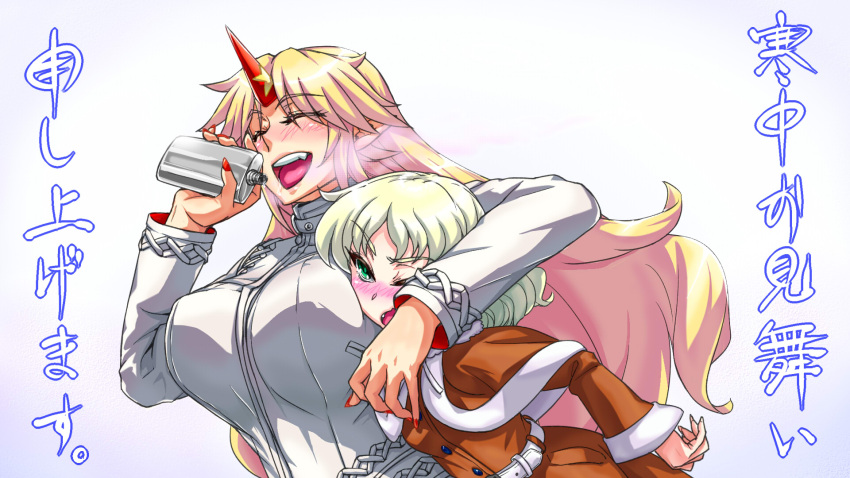 2girls alternate_costume blonde_hair blush breasts breath casual commentary_request contemporary drunk fingernails green_eyes highres horns hoshiguma_yuugi kanchuumimai large_breasts long_fingernails long_hair mizuhashi_parsee multiple_girls nail_polish numahana open_mouth red_nails short_hair single_horn touhou wince