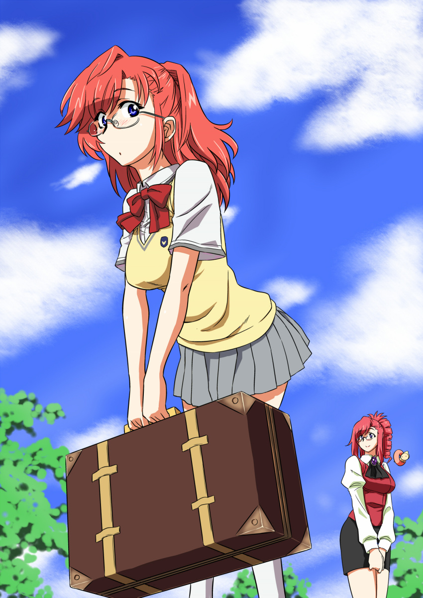 2girls ano_natsu_de_matteru blue_eyes bow cloud commentary_request creator_connection crossover day etuzan_jakusui glasses highres kazami_mizuho looking_at_viewer marie_(onegai_teacher) miniskirt multiple_girls onegai_teacher pencil_skirt ponytail red_hair school_uniform skirt sky smile suitcase sweater_vest takatsuki_ichika teacher tree