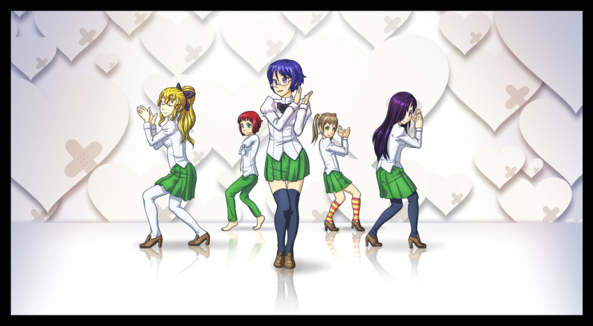 5girls amputee armless_amputee barefoot black_bow black_bowtie black_hair black_thighhighs blonde_hair blouse blue_eyes blue_hair bow bowtie burn_scar closed_eyes double_amputee full_body girls'_generation glasses green_eyes green_pants green_skirt hair_bobbles hair_ornament hakamichi_shizune ibarazaki_emi ikezawa_hanako katawa_shoujo kneehighs long_hair miniskirt multiple_girls pants pantyhose parody pimmy prosthesis puffy_sleeves purple_eyes purple_hair red_hair satou_lilly scar school_uniform semi-rimless_eyewear shirt short_hair skirt sleeve_tied_shut socks striped_clothes striped_socks tezuka_rin thigh_gap thighhighs tied_sleeves twintails white_pantyhose white_shirt yamaku_high_school_uniform zettai_ryouiki