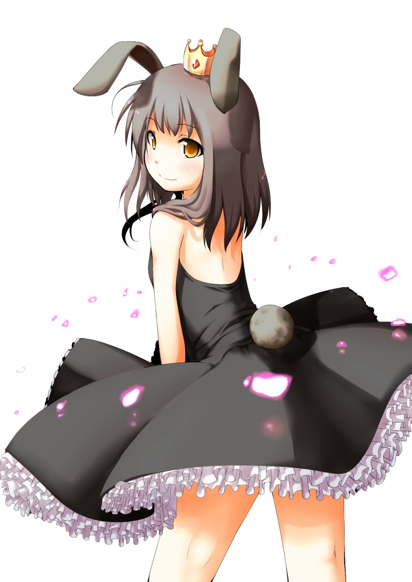 ac_japan animal_ears arigato_usagi back bare_shoulders black_hair commentary_request crown dress female from_behind highres long_hair looking_back personification rabbit_ears rabbit_tail shima_(sh1mamu) simple_background smile solo tail yellow_eyes