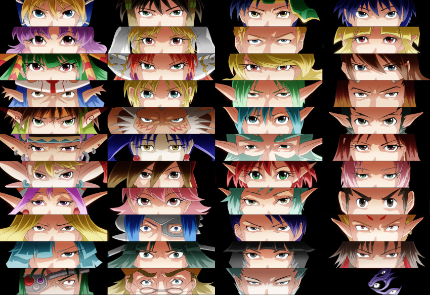 6+boys 6+girls alfina_(grandia) alonso_(grandia) annotation_request baal_(grandia) bandana black_background blonde_hair blue_eyes blue_hair brandol_(grandia) brown_eyes brown_hair carmyne_(grandia) character_request close-up commentary_request cyborg dahna_(grandia) earrings elena_(grandia) emellious_(grandia) evann_(grandia) eyepatch facial_mark feena_(grandia) gadwin_(grandia) glasses grandia grandia:_parallel_trippers grandia_i grandia_ii grandia_iii grandia_xtreme green_eyes green_hair guido_(grandia) hair_over_one_eye hair_tubes half_mask hect_(grandia) helmet highres jaid_(grandia) jewelry justin_(grandia) kroitz_(grandia) leen_(grandia) liete_(grandia) lutina_(grandia) mareg_(grandia) mask melfice_(grandia) milda_(grandia) millenia_(grandia) miranda_(grandia) mizuki_(grandia) mullen_(grandia) multiple_boys multiple_girls myam_(grandia) parody partially_annotated persona persona_3 persona_4 persona_eyes purple_eyes purple_hair rapp_(grandia) raven_(grandia) red_hair roan_(grandia) ryudo_(grandia) selene_(grandia) shirou_(grandia) sidelocks simple_background soudou_utsumi style_parody sue_(grandia) tio_(grandia) titto_(grandia) ulf_(grandia) ulk_(grandia) xorn_(grandia) yuki_(grandia) yuuhi_(grandia) zera_innocentius