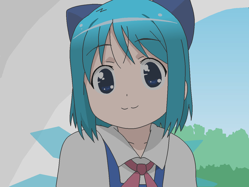 :3 blue_hair bow cirno commentary_request female gakuen_utopia_manabi_straight! hair_ornament hairclip inamori_mika onndoxuru ribbon smile solo touhou wings