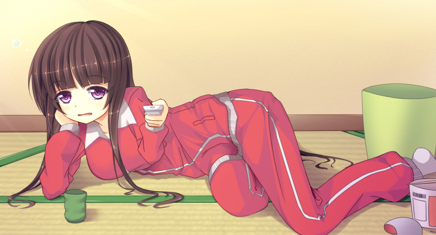 alternate_costume bad_id bad_pixiv_id brown_hair chopsticks controller cup cup_ramen disposable_cup female head_rest highres houraisan_kaguya long_hair lying neet on_side purple_eyes remote_control shefu solo tatami touhou track_suit trash_can yunomi