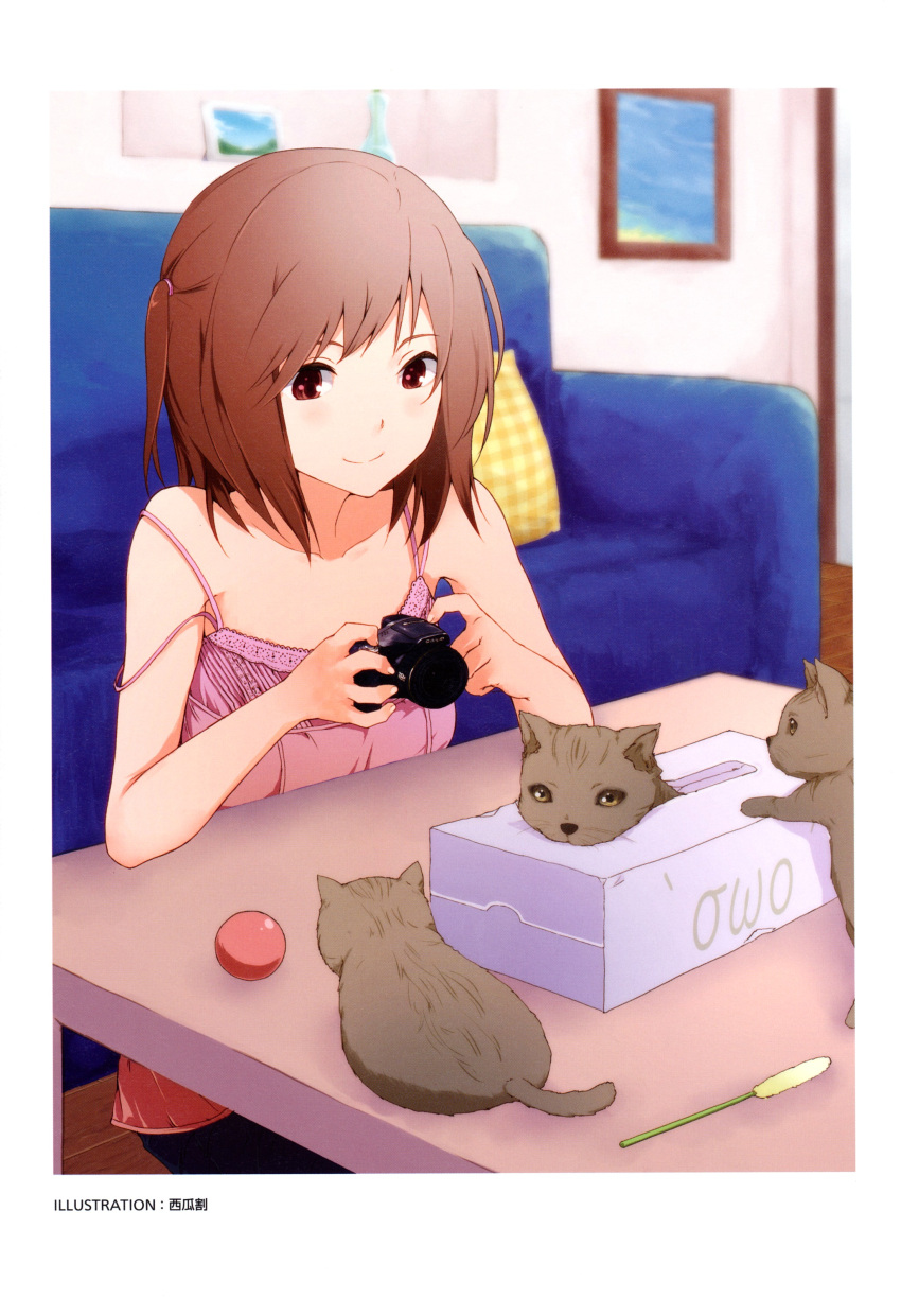 absurdres annotated artist_name ball bare_shoulders blurry brown_eyes brown_hair camera camisole cat_teaser couch depth_of_field digicame_shoujo_hyakkei feline female highres indoors kitten nishiuri_warito non-web_source one_side_up original scan sitting smile solo strap_slip tissue_box