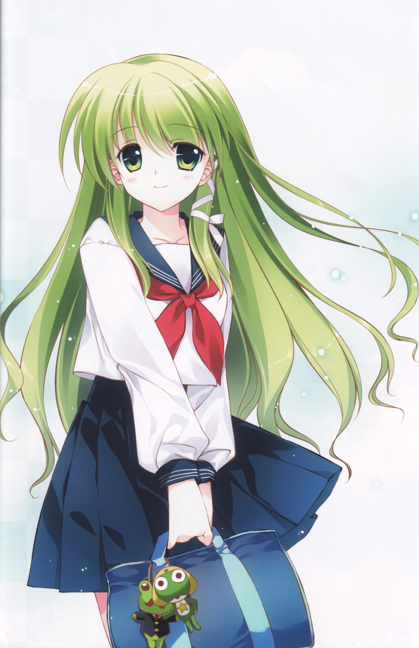 absurdres alternate_costume bag charm_(object) female frog green_eyes green_hair hair_ornament highres keroro_gunsou kochiya_sanae long_hair looking_at_viewer non-web_source rei_(rei's_room) scan school_bag school_uniform serafuku skirt snake solo touhou