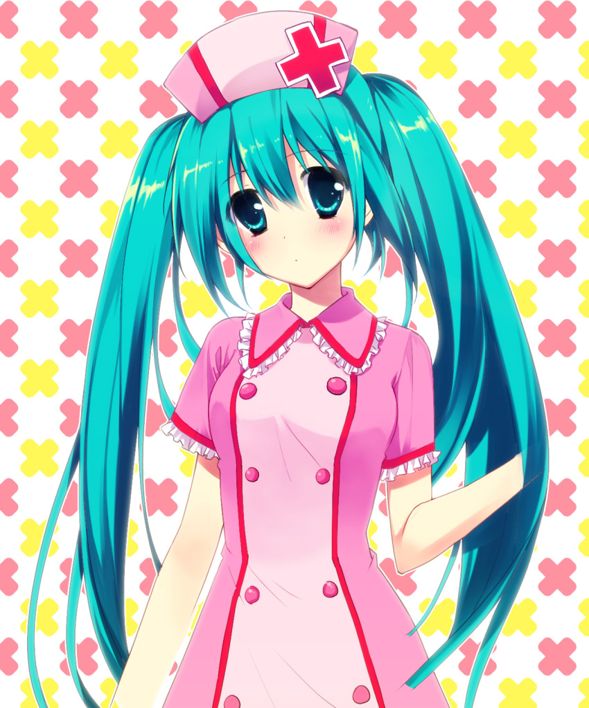 aqua_eyes aqua_hair bad_id bad_pixiv_id blush chany female hat hatsune_miku head_tilt highres koiiro_byoutou_(vocaloid) long_hair nurse nurse_cap solo twintails very_long_hair vocaloid