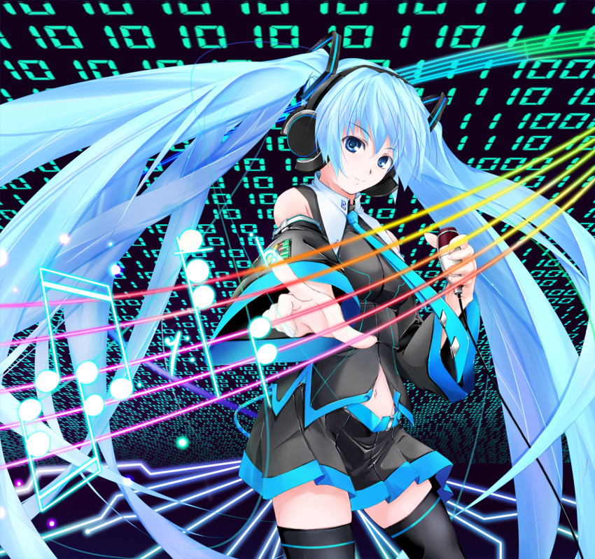 binary blue_eyes blue_hair commentary_request detached_sleeves female hatsune_miku headphones highres kedamonodamono long_hair microphone musical_note navel necktie photoshop_(medium) pointing skirt solo thighhighs twintails very_long_hair vocaloid