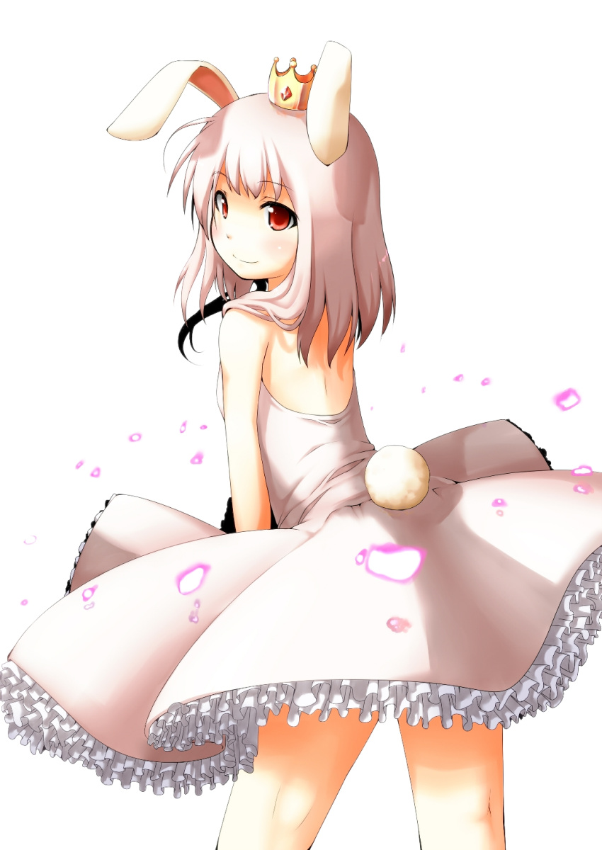 ac_japan animal_ears arigato_usagi back bare_shoulders commentary_request crown dress female from_behind highres long_hair looking_back personification rabbit_ears rabbit_tail red_eyes shima_(sh1mamu) simple_background smile solo tail