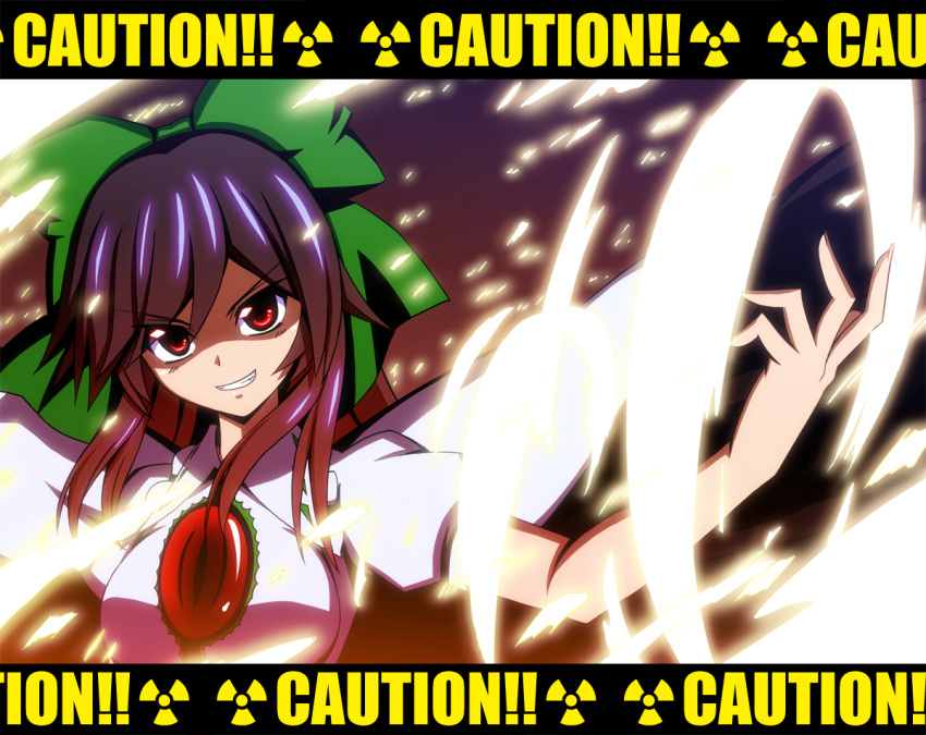 black_wings bow brown_hair cape caution commentary_request female green_bow h-new hairbow letterboxed long_hair photoshop_(medium) radiation_symbol red_eyes reiuji_utsuho smirk solo third_eye touhou wings